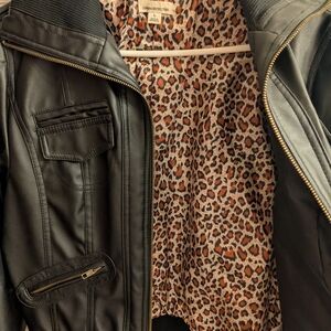 Zenana Outfitters Black Leather Jacket with Leopard Lining